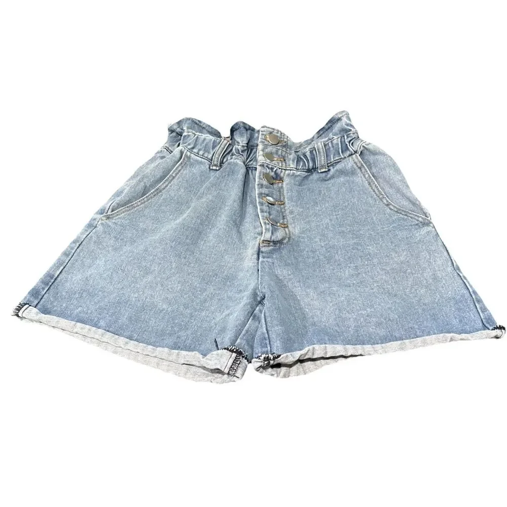 Forever 21 Denim LightWash Short Sz Small High-Rise Button Butterfly Paper Bag - Picture 7 of 7